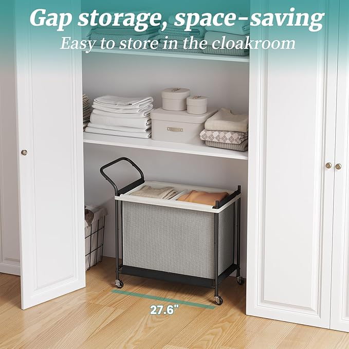 Laundry Hamper with Wheels - 2 Section Laundry Basket 140L, Removable Washable Bags, Height-Fitted Rolling Laundry Cart for Laundry Room & Bedroom
