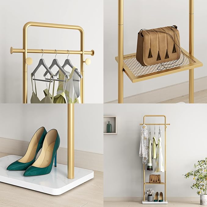 TIEOU Gold Clothes Racks with Shelf, Heavy Duty Gold Clothing Racks for Boutiques, Free-Standing Metal Garment Rack for Hanging Clothes, Modern Coat Rack Entryway