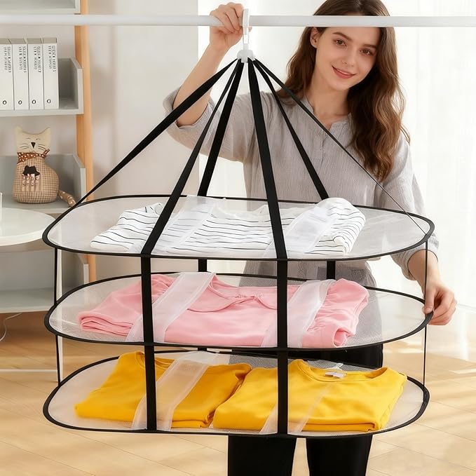 Fashion & Lifestyle 3-Tier Foldable Clothes Black Drying Rack, Hanging Mesh Laundry Dryer with Sturdy Frame for Delicates/Sweaters/Underwear, Space-Saving Indoor Outdoor Drying Organizer