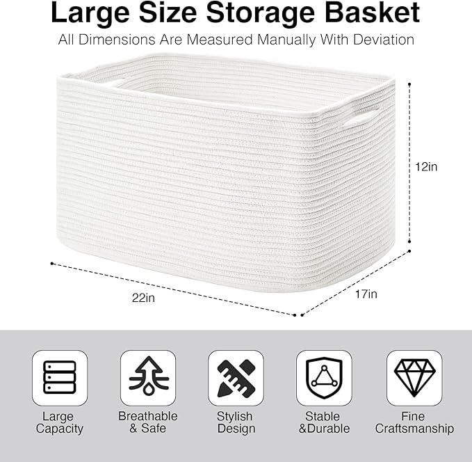 Large Rectangle Blanket Basket, Large Storage Basket, Cotton Rope Woven Baskets for Storage with Handles, Toy Baskets for Baby Nursery Living Room Bedroom, 22”x17”x12”, White, 75L