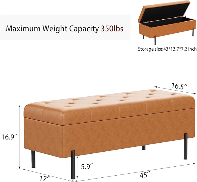 Andeworld Storage Bench, Faux Leather Modern Bedroom Bench, Upholstered Tufted Large Settee Ottoman with Storage Bench for Bedroom,Living Room,Entryway,Brown