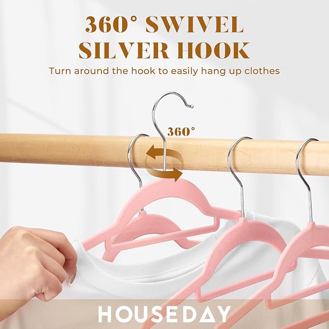 HOUSE DAY Velvet Hangers 60 Pack, Non-Slip Hangers with Tie Bar, Premium Standard Clothes Hanger Slim Felt Hanger 360° Swivel Hook for Closet Organized Storage Elegance Pink 72g/Pc