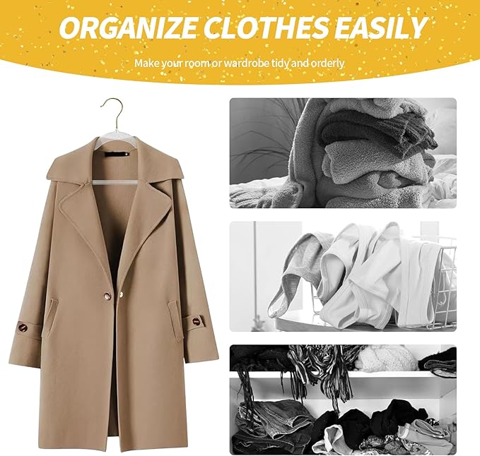 Jiang&Rong Premium Clear Acrylic Hangers with Gold Glitter – 50 Pack Crystal Plastic Coat Hangers, Thin Space Saving Hangers for Clothes, Dress, Blouse & Pants