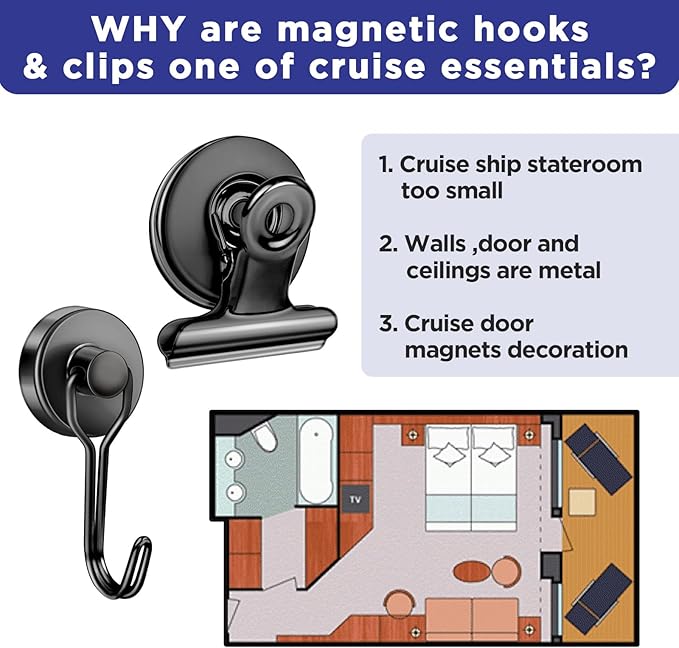 40lbs+ Magnetic Hooks and Clips Set for Cruise Cabins, 12 Pack Cruise Magnetic Organizer for Hanging Clothes, Hats, Lanyards, Daily Schedules - Cruise Essentials, Magnetic Hanger for Classroom, Fridge