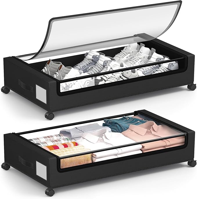 Under Bed Storage Containers with Wheels - Foldable Organizer Bins for Blankets, Clothes, Shoes, Toys, and Comforters.Capacity, Space Saving, Easy Pull Out, Clear PVC (black-2)