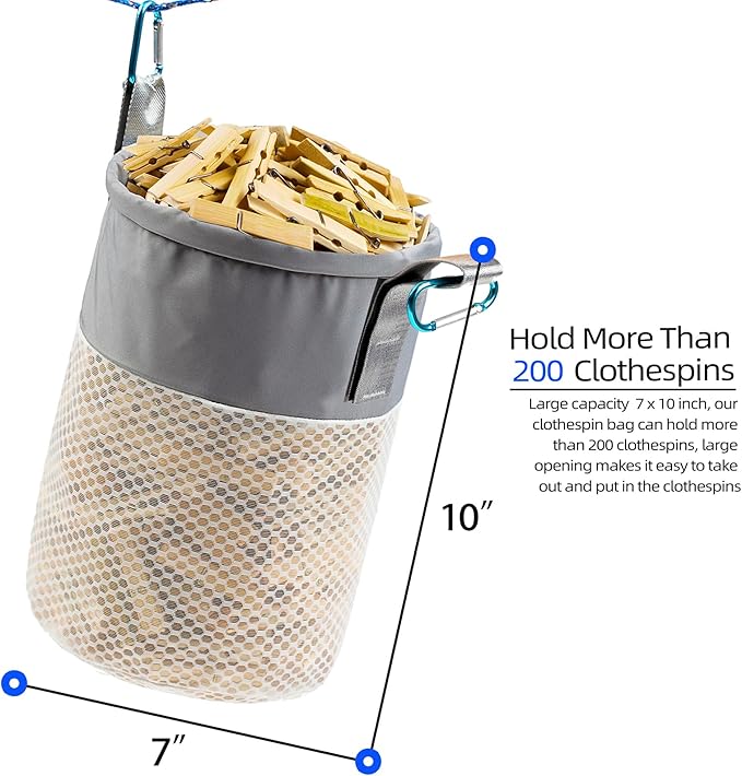 Mesh Clothespin Bag Holder Outside, Ventilation and Moisture Resistance, Multiple Hanging Methods Clothes Pin Bag with Drawstring Closure, Large-Capacity Clothespin Storage Organizer with Hooks