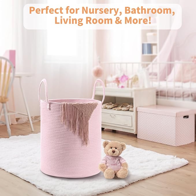 2-Pack Extra Large Cotton Rope Hamper Baskets – 15"x18" Oversized Woven Storage Bins for Blankets, Toys, Dirty Clothes – Pink & Beige Decorative Hamper for Nursery, Living Room, Laundry Room