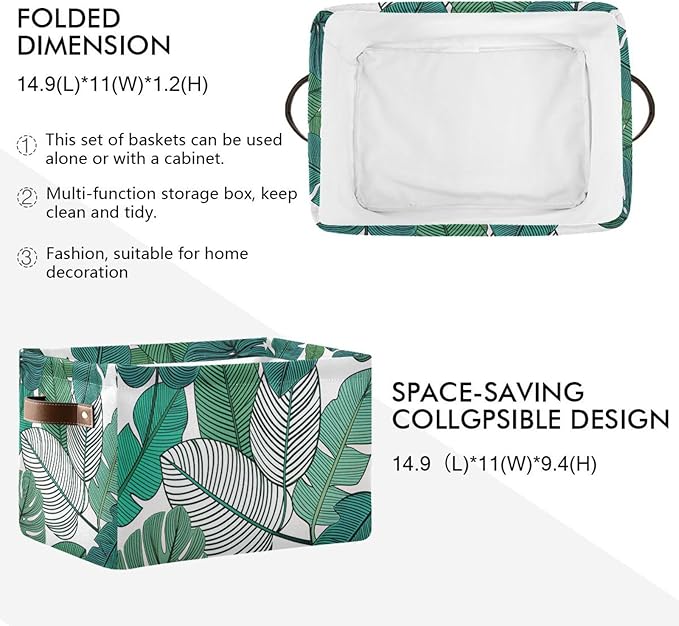 Tropical Leaves Bin - Large Storage Basket for Home Office, 15x11x9.5inch, 2PACK