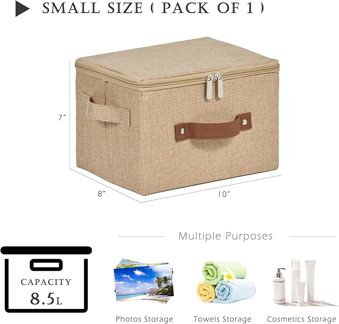 Storage Bins with Zipper Lid Cotton Linen Fabric Lidded Storage Baskets Boxes Foldable Washable Closet Shelf Clothes Organizer Container with PU Leather Handles (Linen, Small)