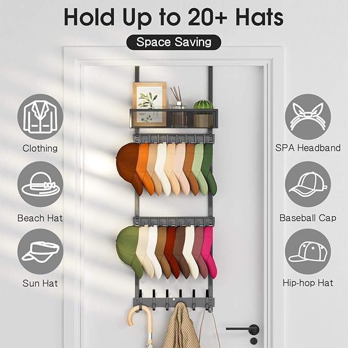 3 Tier Over Door Hat Rack with Basket - Hat Organizer Holder for Baseball Cap with 24 Hooks（2-Tier 9-Hook & 1-Tier 6-Hook）,Hat Hanger Storage Holds up to 24+ Caps for Door, Bedroom, Closet (Black)