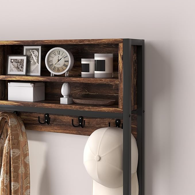 HOMCOM Hall Tree with Bench and Shoe Storage, 5-in-1 Entryway Bench with Coat Rack, 3 Storage Compartments, 5 Coat Hooks, 2 Fabric Drawers, Distressed Dark Brown