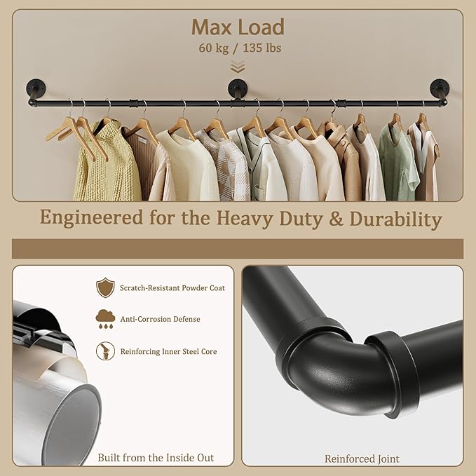 Wall Mounted Clothes Rack, Industrial Pipe Clothing Rack 50 Inch Black, Wall Clothes Hanger for Bedroom, Cloakroom, Closet, Hallway, Boutique Display, Drying Racks Wall-Mount for Laundry