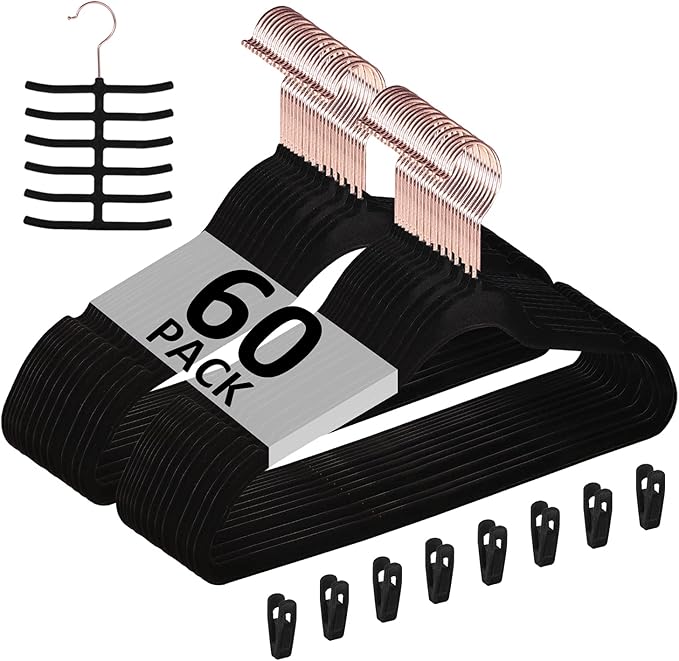 VECELO Premium Velvet Clothes Hangers Suit Heavy Duty (60 Pack)-Non Slip & Space-Saving with 8 Finger Clips & Tie Rack Excellent for Men and Women,Black