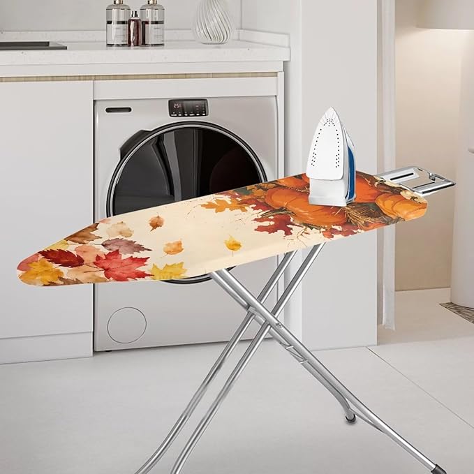 Iron Board Cover and Pad Thanksgiving Pumpkin Print Standard Size Soft Stain Resistant Extra Wide Ironing Board Cover with Hook and Loop 54x15 inches