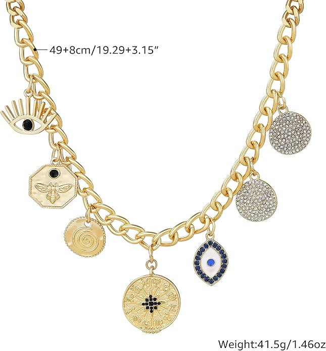 Chunky Gold Necklace for Women Gold Evil Eye Cowboy Pendant Necklace Dainty Paperclip Chain Vintage Luck Amulet Choker Necklaces Celestial Jewelry Gift
