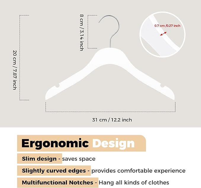 Quality 12-Inch Ultra Slim Kids Wooden Hangers – Multi-Pack – Space Saving White Design with Nickel Swivel Hook – for Baby Clothes, Shirts & Dresses (White, No Bar, 20 Pack)