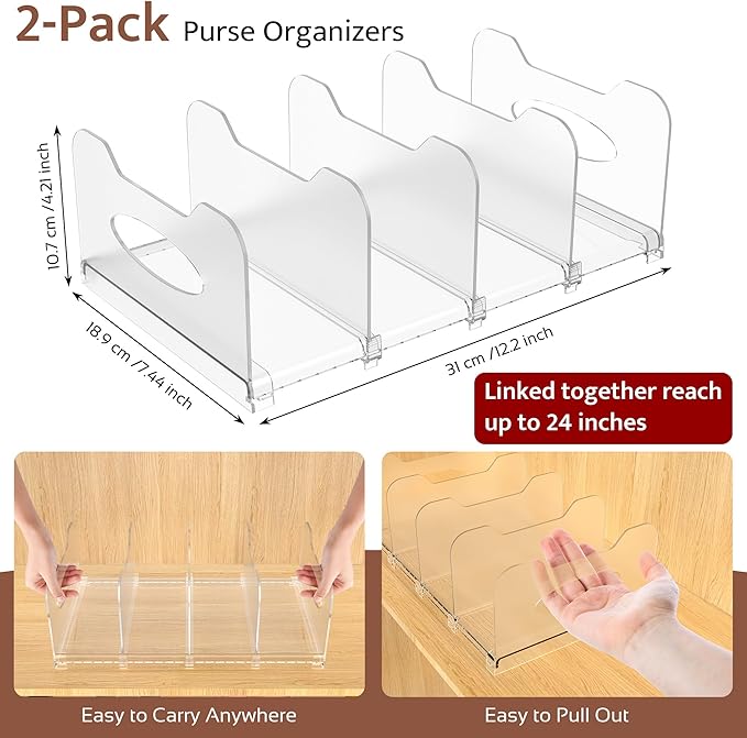 2-Pack Purse Organizers for Closet, Adjustable Small Shelf Divider Rack for Closet, Clear Handbag Storage Organizer, Plastic Bookshelf Separator Divider for Bedroom Living Room Office