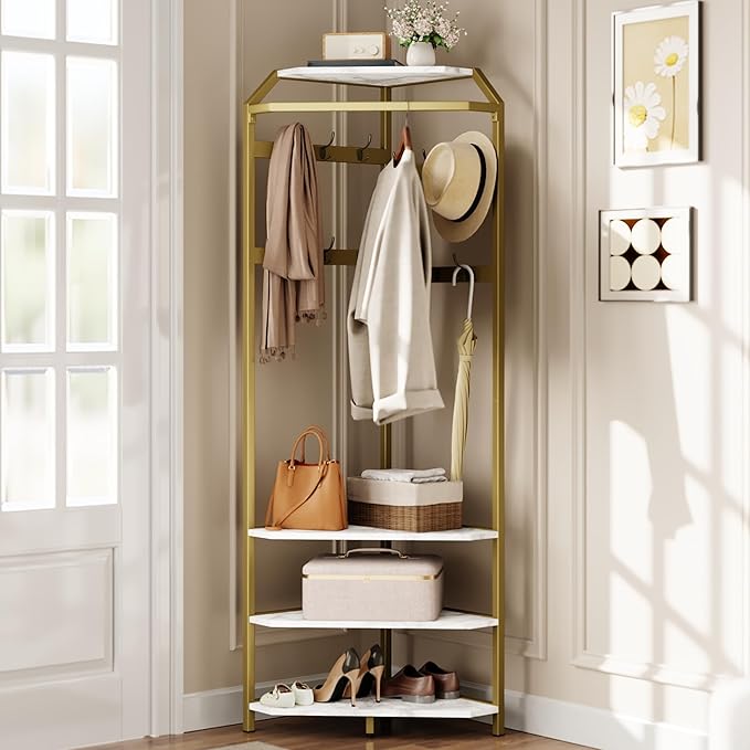 GarveeHome Corner Coat Rack With Shoe Bench Entryway, Corner Hall Tree With 6 Double Hooks, Clothes Rack With Storage Hall Tree With Organizer Shoe Bench Shelf (Gold 02, 20 * 20 * 71 in)