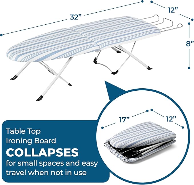 Honey-Can-Do Folding Tabletop Ironing Board with Iron Rest, Blue, 32” L x 12” W, Steel Frame