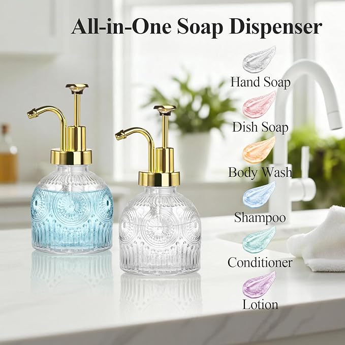 SheeChung Vintage Soap Dispenser, Kitchen Dish Soap Dispensers with Pump Mat, Glass Hand Soap Dispenser for Bathroom, Liquid, Lotion, Refillable, Rustic Farmhouse Decor-Clear (Gold Pump, 1 pk)