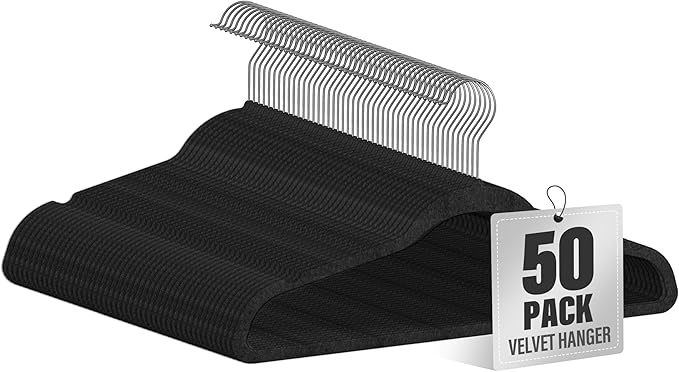 Simple Deluxe Velvet Hangers 50 Pack, Space Saving Heavy Duty Clothes Hangers, Non-Slip Closet Hanger for Coat, Sweater, Suit and Shirt with Shoulder Notches, 360° Swivel Hooks, Black