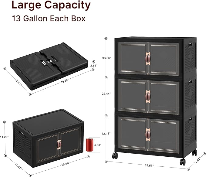 Extra Large Stackable Storage Bins, Lockable Storage Bins with Lids, Folding Storage box with Doors and Wheels, Collapsible Plastic Drawers for Home, Garage, Office (3, Black, Medium)