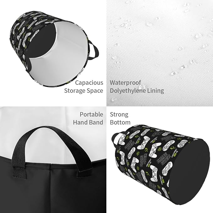 Game Controllers Pattern Round Laundry Hamper Gaming Joysticks Gamepad Storage Basket Toys Clothes Organizer Bin For Home Bathroom Bedroom Dorm Nursery, 38l
