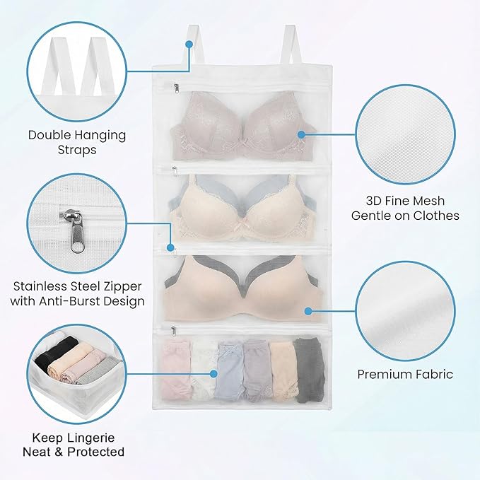 2 Pack Bra Laundry Bags for Washing Machine Bra Bags for Laundry 4-in-1 Mesh Bag for Washing, Drying, Storage and Dust Protection(A–D Cup Capacity)