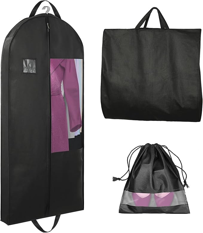 Garment Bags for Hanging Clothes and Travel with 4" Gusseted, Suit Cover for Clothes,Coats,Suit,Jackets,Dress,Shirts,Skirt. (Black-50"-Double zipper-Thickened 80G Non-woven Fabric)