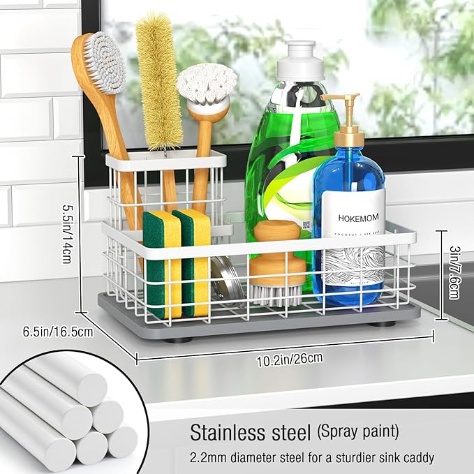 Kitchen Sink Caddy Organizer, [Stay-Dry Anywhere & No Drainage Needed] Sponge Holder for Kitchen Sink Countertop,Stainless Steel with Rust-Resistant Coating-10.24" L x 6.5" W x 5.83" H