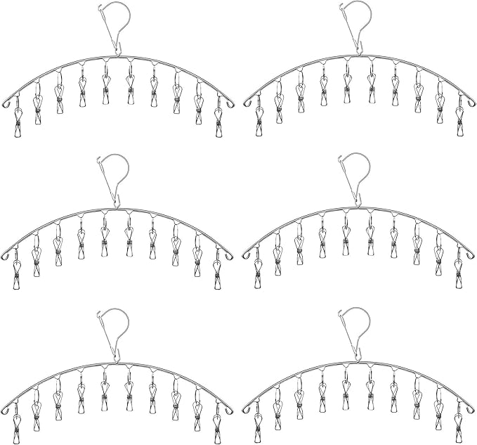 Clothes Hanger with 10 Clips, Stainless Steel, Windproof, for Drying Socks, Bras, Underwears, Baby Clothes, Hats, Scarfs, Towels, Pants and Gloves (6 Pack)