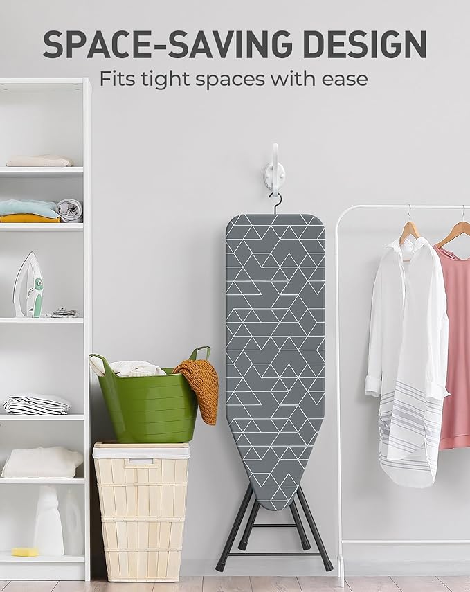 LyriFine Ironing Board, 2-in-1 Flat and Hanging Board, Sturdy Steel Frame Iron Board with Non-Slip Feet, Heat Resistant Cover Iron Board, Foldable Ironing Board Full Size with Hook, 14″ x 43″ Gray