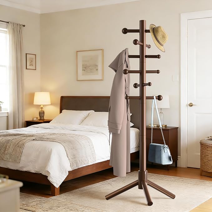 Wooden Coat Rack Freestanding with 12 Hooks 3 Adjustable Heights，Standing Coat Rack Tree for Hat and Coat Rack for Small Spaces Entryway,Office,Bedroom,Brown