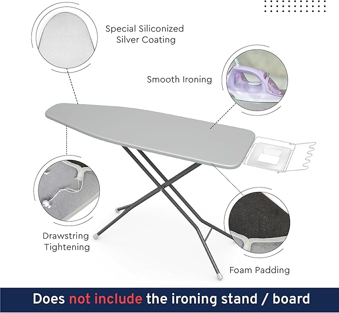 Encasa XO Ironing Board Cover and Pad 42"x14" - Thick 2mm Foam Padding, Drawstring Tightening & Lock, Heat Reflective, Scorch & Stain Resistant, Medium Ironing Board - Silver Premium
