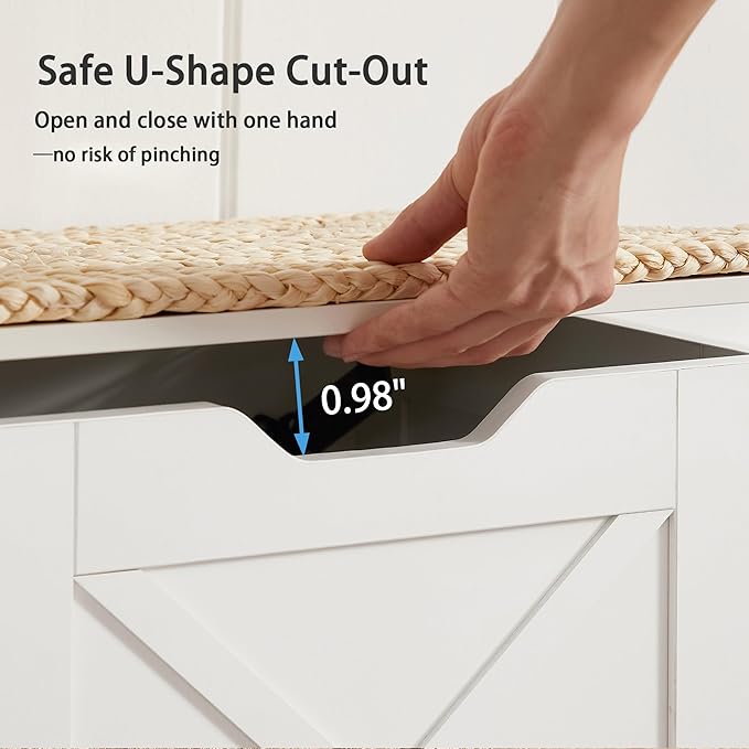 VECELO 43.3" Storage Bench, Entryway Shoe Ottoman, Farmhouse Style Bench with Handwoven Cushion and Metal Safety Hinges, for Bedroom, Living Room, Entryway, White