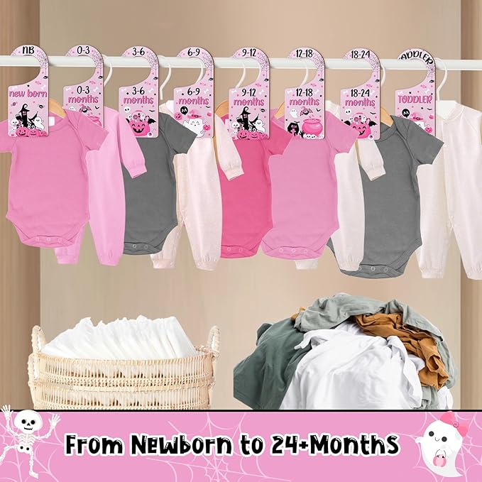 Halloween Baby Closet Dividers 8Pcs – Pink Black Wooden Double-Sided Clothes Size Hanger Organizer from Newborn to Toddler for Nursery Decor Baby Shower (Includes Gift Box)