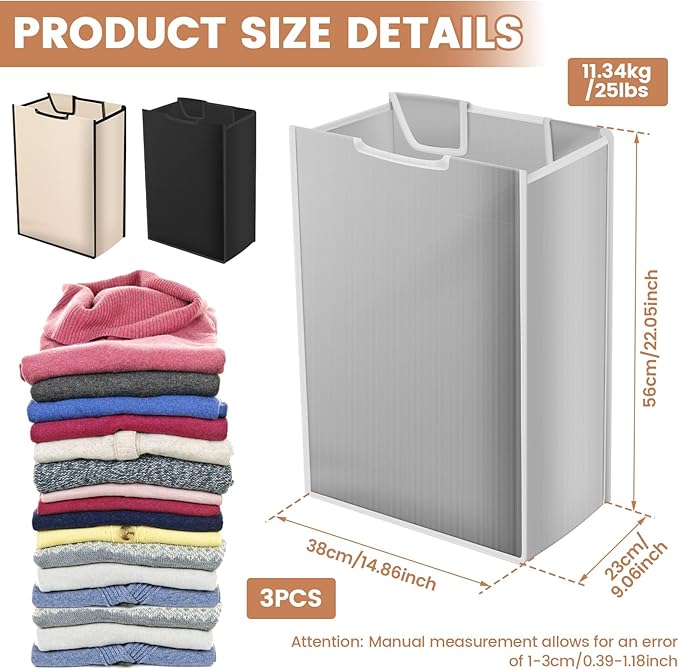 3 Pack Large Laundry Sorter Replacement Bags,Hamper Cart Removable Replacement, Storage Organizer Bag Hamper Liner, Wear Resistance for Standard 3 Compartment Laundry Hampers (Gray White Black)