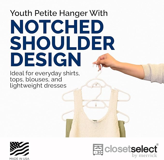 Youth Hangers 30 Pack - 13 Inch Plastic Youth Petite & Childrens Hangers for Closet, Baby Hangers for Children Clothes Sizes 4 to 10, Non-Slip Infant hangers with Shoulder Grooves | White