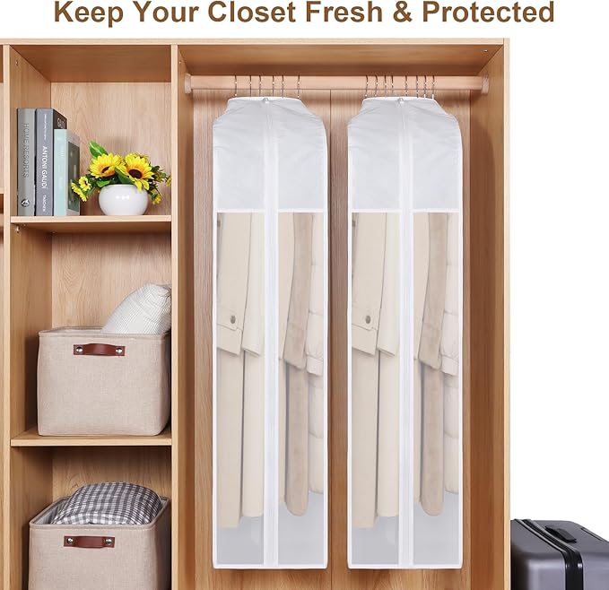 Kntiwiwo 50" Premium Cotton Garment Bag for Hanging Clothes, Breathable Suit Bags for Closet Storage with Extre Large 10" Gusseted & Clear Window, Dust Cover with Zipper for Suits, Coats, 3 Pack