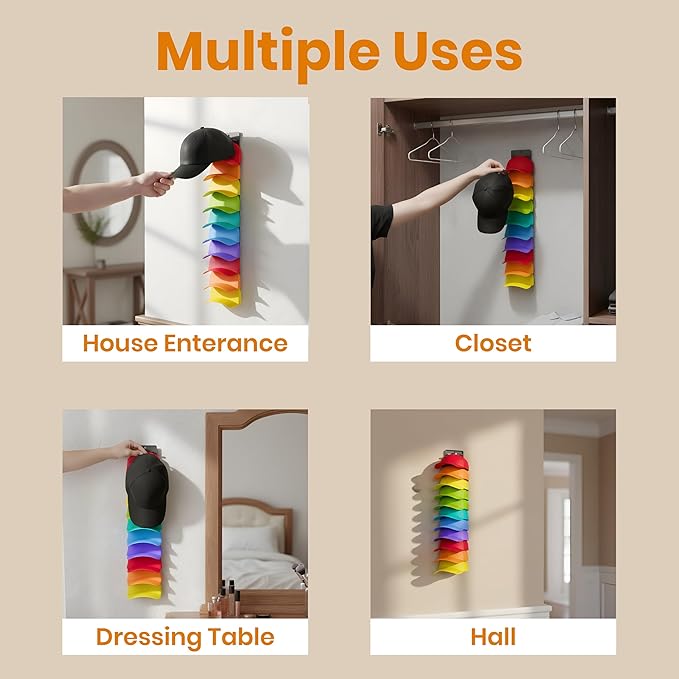 Hat Organizer for Baseball Caps 2 Packs with Built-in Spring Clips - Wall Mount Closet Hat Rack Holder,Storage for Door/Closet Display Hat Racks Hanger (Strong Adhesive & Screws) Matte Black.