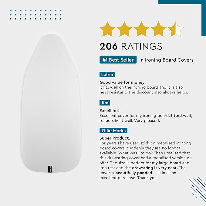 Encasa XO Ironing Board Cover and Pad 42"x14" - Thick 2mm Foam Padding, Drawstring Tightening & Lock, Heat Reflective, Scorch & Stain Resistant, Medium Ironing Board - Silver Premium