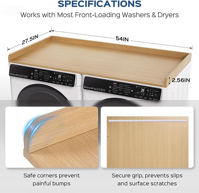 Washer Dryer Countertop, 27.5" x 54“ Wood Washer and Dryer Countertop with Edge Rails for Laundry Room Organization and Storage, Oak