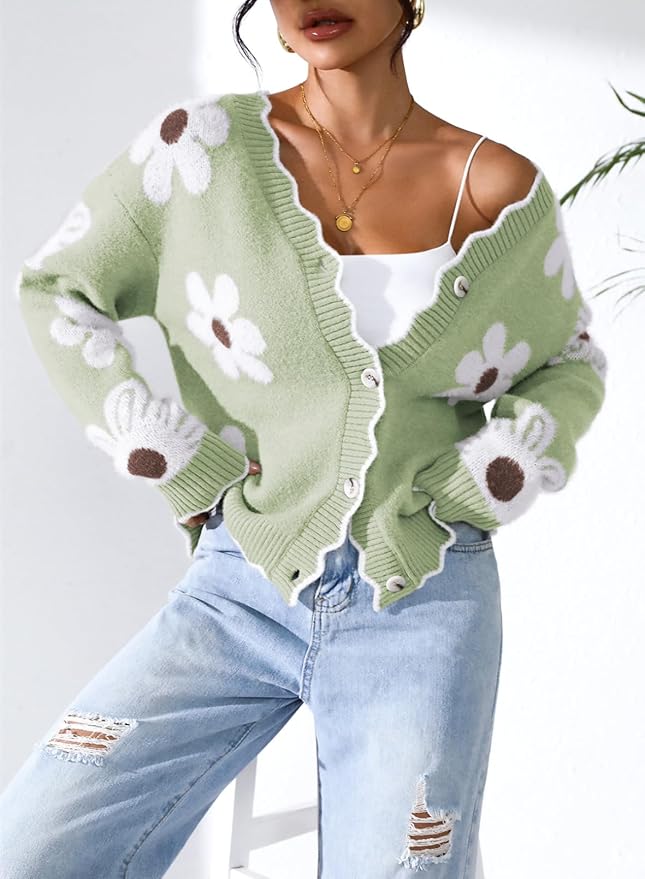 Pink Queen Fuzzy Sweater Cardigan for Women 2025 Fashion Long Sleeve Flower Outerwear Button Down Open Front Cardigan Coat