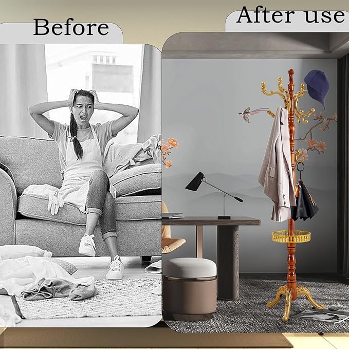 Coat Rack Freestanding, Wooden Tree Coat Rack Stand with 3 Adjustable Sizes Coat Tree and 14 Hooks, Sturdy Hall Tree with Solid Round Base for Entryway, Hallway,Bedroom (Begonia Tray)