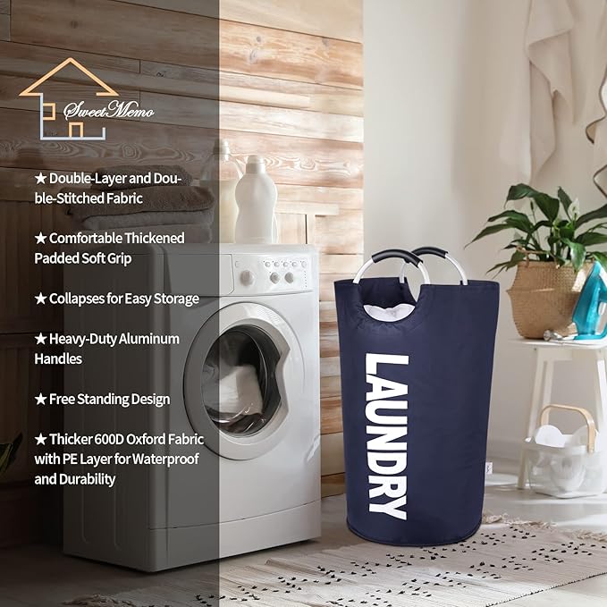 Large Laundry Basket Collapsible，Freestanding Clothes Hamper Bag with Handles – Tall Folding Dirty Laundry Bin，Sturdy Laundry Sorter for College Dorm，Laundry Room – 130L (Navy Blue)