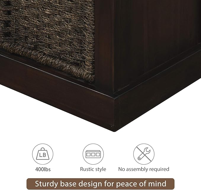 Merax Rustic Entryway Bench with Seat Cushion and 3 Rattan Basket Wood Storage Bench for Living Room Bedrooom Multipurpose Espresso