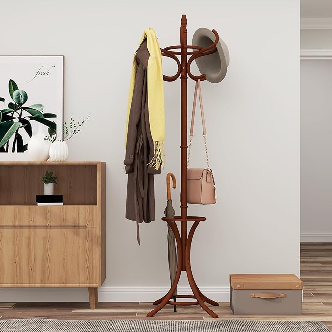 GOFLAME 73" Coat Rack Freestanding, Wooden Coat Tree with 12 Hooks and Umbrella Stand, Entryway Hall Tree, Hat Hanger Organizer, Coat Rack Stand for Coats, Hats, Scarves, Easy Assembly, Reddish Brown