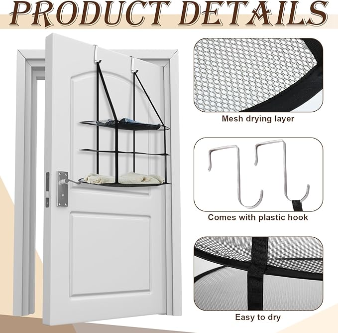 2 Pcs 3 Tier Sweater Drying Rack Flat Over The Door Folding Drying Rack Large Lay Laundry Hanging Dryer Mesh Clothes Dry Hanger for Apartments Dorms Bathrooms (Black,30 x 23.7 x 35.4 Inch)