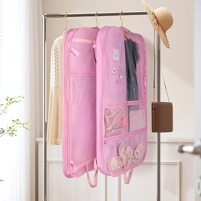 Univivi 2-Pack Dance Costume Garment Bag, 40" Dance Costume Bag for Hanging Storage, kids garment bags with 3 Clear Zippered Medium Pockets and 2 Back Zippered Pockets and 1 xPendant, 3 x Badge (Pink)