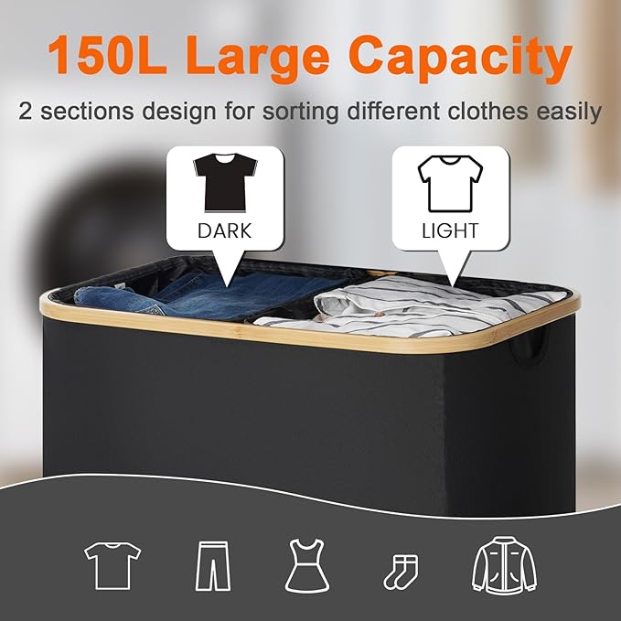 GARPROVM Double Laundry Hamper with Lid 150L Large Laundry Basket with Bamboo Handles Foldable Clothes Hampers with 2 Removable Liner Bags for Laundry for Bedroom Bathroom Dorm Laundry Room, Black